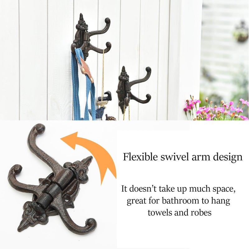 Sungmor 2-Pack Cast Iron 3-in-1 Flexible & Functional Swivel Wall Hook - Vintage Coat Hook Garden Planter Hanger - Heavy Duty Solid Metal Swing Hook - Clothes Hats Towels Bags Pots Tools Hanger - Image 4
